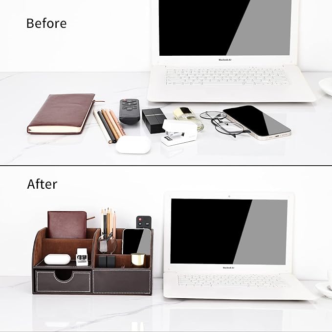 Pu Leather Desk Organizer Pen Pencil Holder Office Supplies Caddy Storage Box 6 Compartments with Drawer Brown