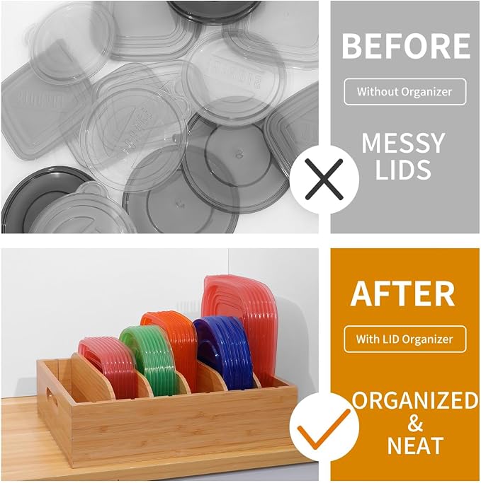 Bamboo Lid Holder Food Container, Kitchen Organizer with 5 Adjustable Dividers, Cabinet Organizer for Food, Kitchen Gadget, Container Lids (2pcs)