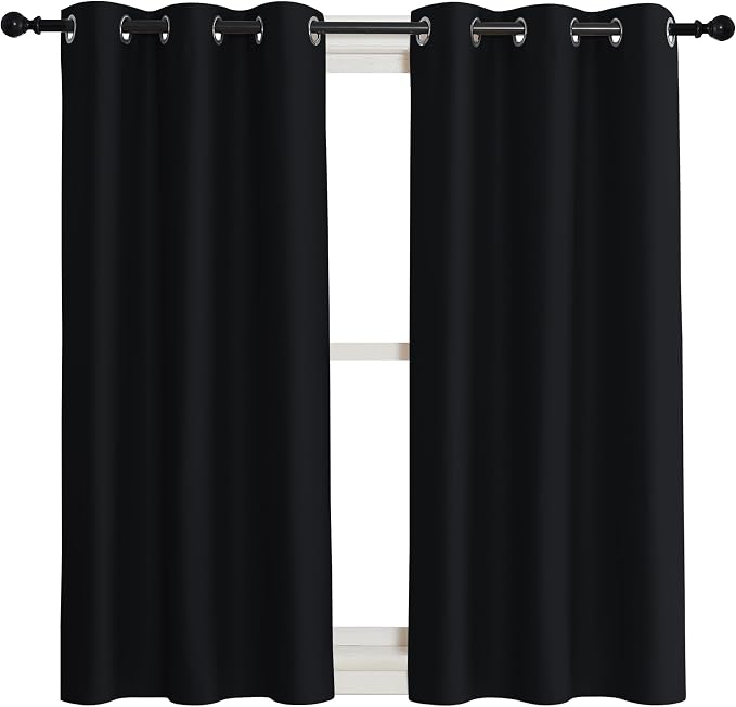 NICETOWN Black Out Curtain Panel Shade, Single Piece, 42 inches Wide by 54 inches Long, Black, Solid Energy Efficient Eyelet Top Window Blind for Guest Room