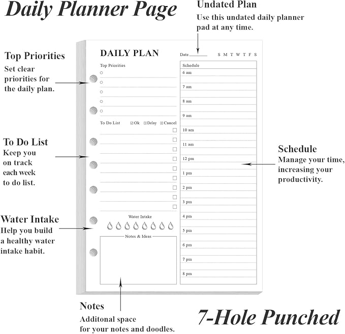 7-Hole Punched To Do List Insert - Undated Daily Planner Refill for 3/7 Hole Mini Binder,100 Sheets/200 Pages Planner and Lined Refill, 100 gsm White Paper, 5.8'' x 8.3''
