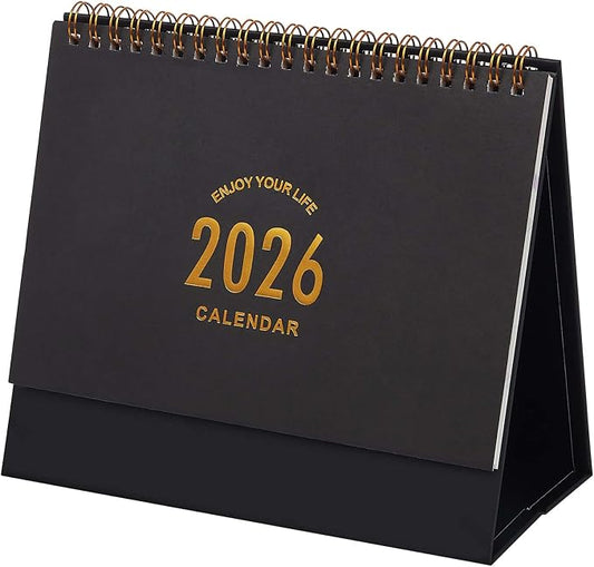 Small Desk Calendar 2026, Standing Flip Desktop Calendar from January 2026 to June 2027 - Metal Ring Twin-Wire Binding Monthly Desktop Calendar for Home Office School (Black)