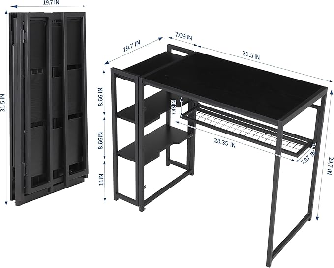GarveeLife 38.6 inch Folding Desk Writing Computer Desk with Storage Shelf,Spaces Saving Writing Sturdy Table No Assembly,for for Bedroom, Home Office, Dorm, Apartment, Black