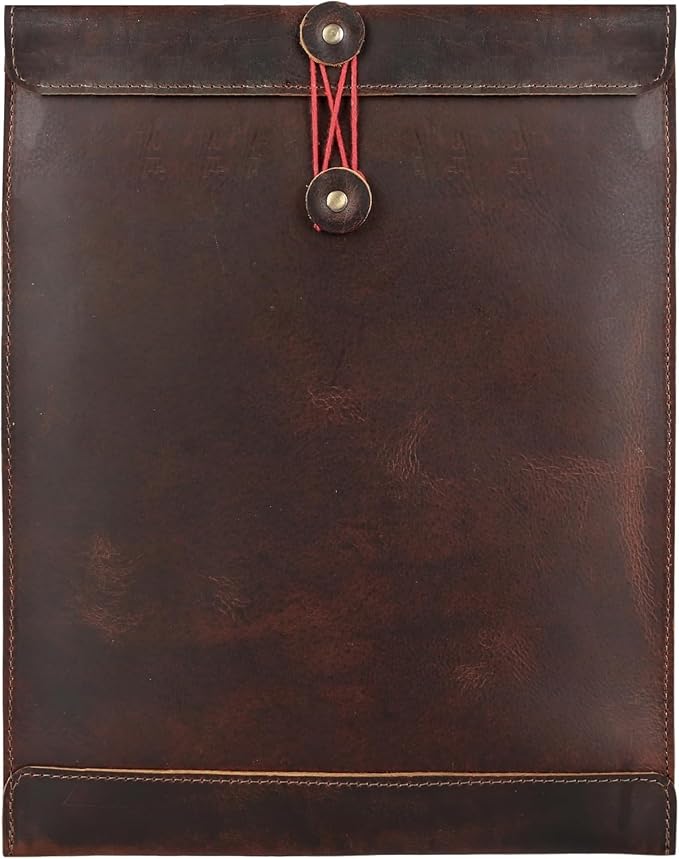 Leather Mailing Envelope Document Holder, Leather Portfolio Binder,A4 Letter Size Filing Folder,Gummed Folder Case Vertical Protector, Office Padfolio, Handmade Desk Accessories (Bourbon Brown)