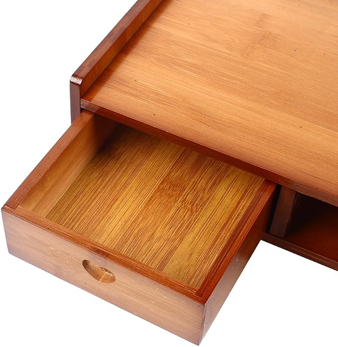 Bamboo Desk Monitor Stand with Drawer Wooden Computer Stand for Desk Monitor Riser with Storage for Laptop, PC Screen, TV, Printer, 3 Drawers + Hidden Keyboard Space