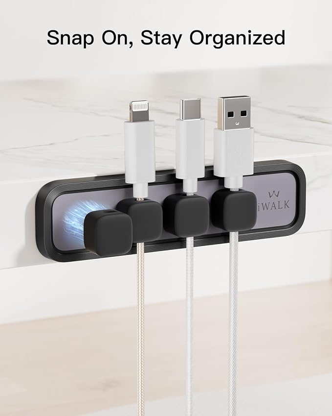 iWALK Magnetic Cable Holder,Reusable Adhesive Desktop Cord Organizer for 2-6mm Cables,4 Clips for Lightning & USB C/Micro Cables,Sticks to Wood,Glass,Metal, Marble,2-Pack,Black