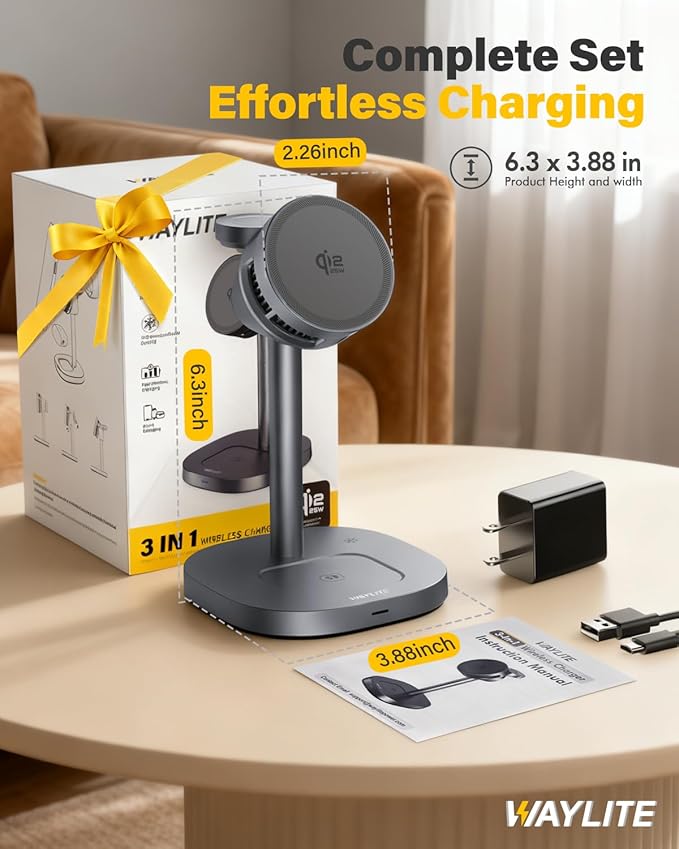 25W Fast Wireless Charger Stand for Apple MagSafe Charger, 3 in 1 Charging Station with TEC Cooling, QI2.2 Magnetic Wireless Charger for iPhone17/16/15/14/13/12, Apple Watch, AirPods, Gifts for Men