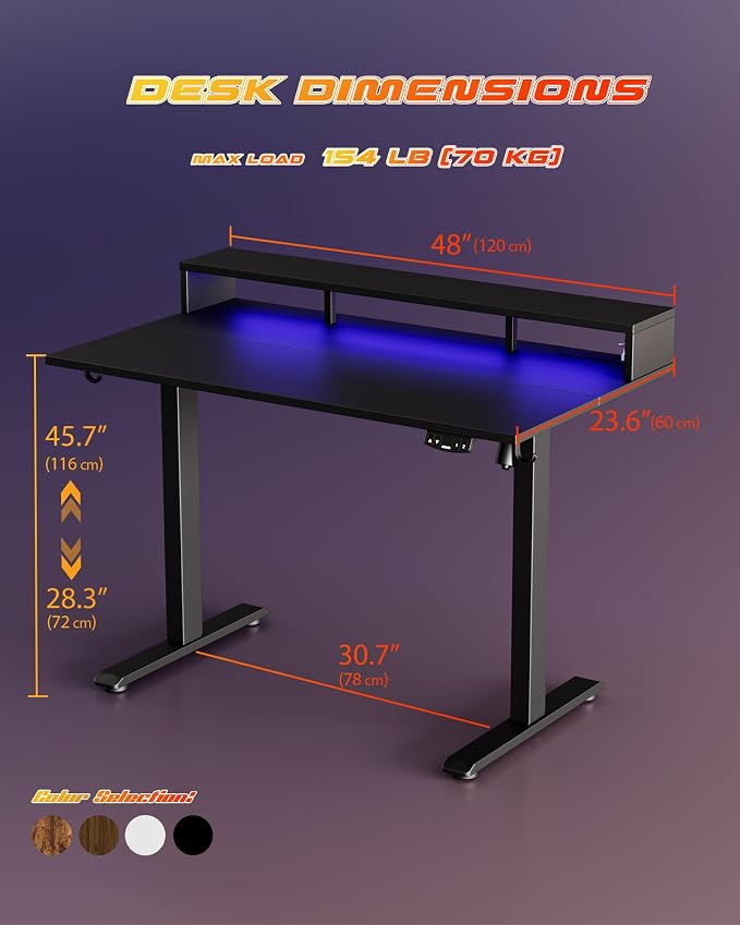 Agilestic 48x24 Inch Electric Standing Desk with Shelf, Height Adjustable Desk with Power Outlets & LED, Sit Stand Up Table with Monitor Stand, Computer Workstation, Black