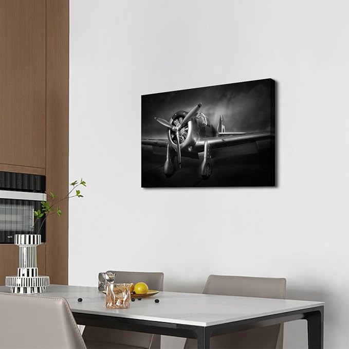 Vintage Airplane Wall Art for Living Room Black and White Propeller Aircraft Pictures Wall Decor Boys Room Decorations Plane Engine Canvas Prints Aviation Military Artwork Bedroom Home Office 16x24"