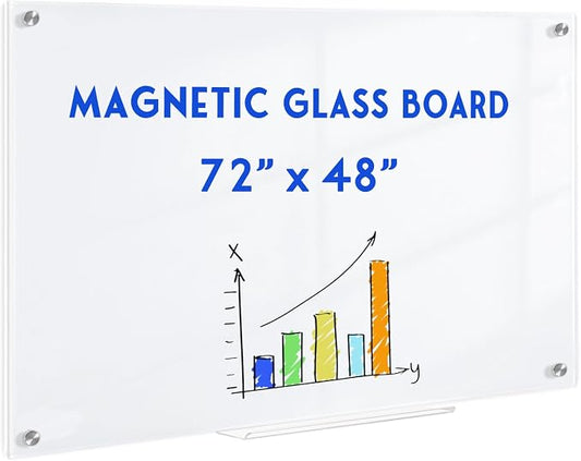 Magnetic Glass Whiteboard, 6' x 4', Frameless Wall Mount, Ultra White | 72" x 48", Large Glass Dry Erase Board for Wall, Includes 1 Marker Tray, 10 Magnets, White Board for Office, Home, Classroom