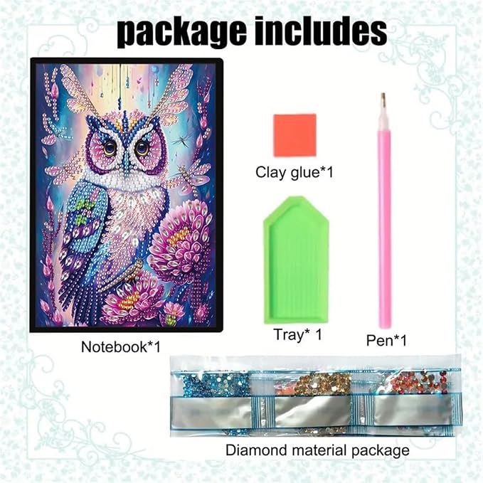 FRANDEK A5 50-Page DIY Owl Diamond Art Painting Notebook with Beautiful Patterns, Special Shaped Diamond Art Craft for Beginners Adults Gift