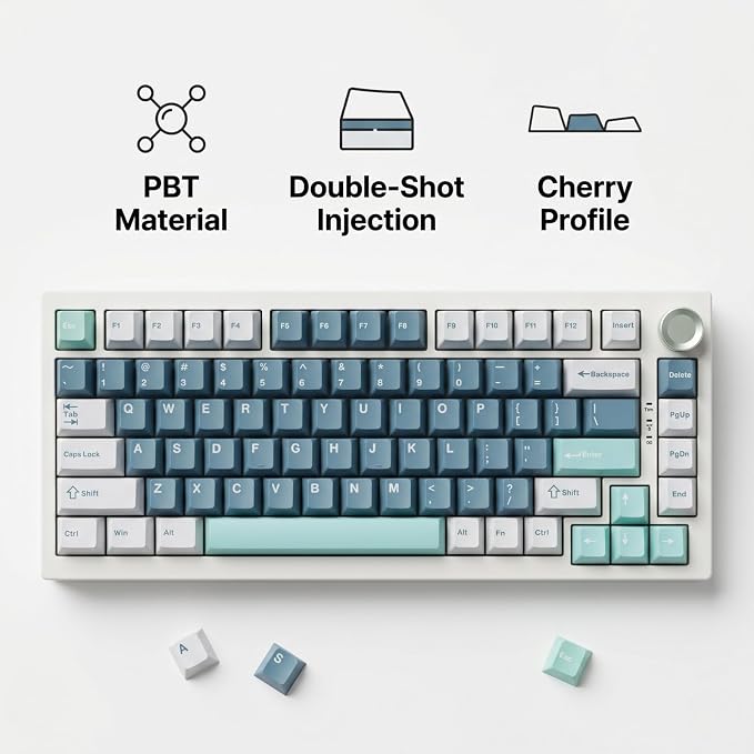 126 Keys PBT Double Shot Keycaps, Grey Blue Minimalist Keycap Set, Slate Cyan Cherry Profile Keycaps for Mechanical Keyboard 60% 65% 75% 100% Cherry MX Switches