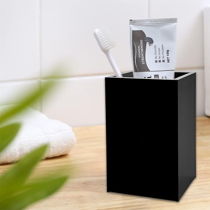 2 Pack Black Acrylic Pencil Pen Holder Cup,Desk Accessories Holder,Makeup Brush Storage Organizer,Modern Design Desktop Stationery Organizer for Office School Home Supplies,2.6x 2.6x 4 inches