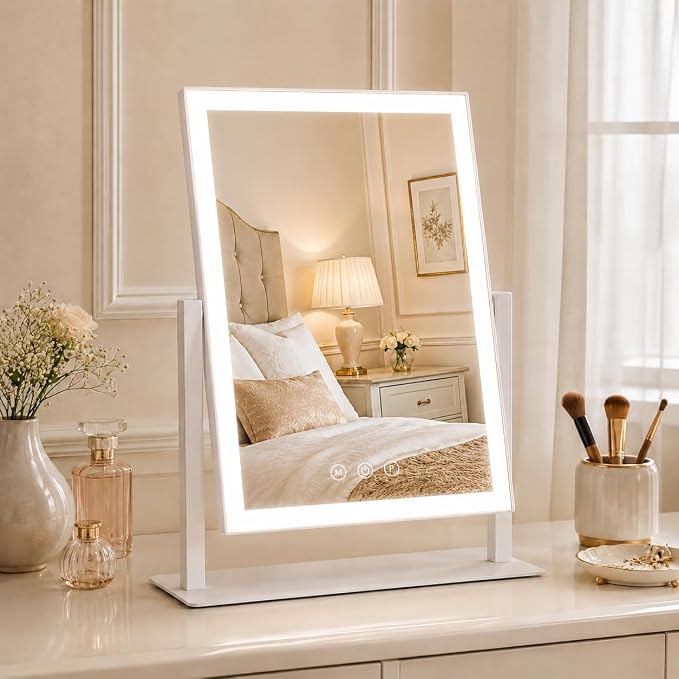 ROLOVE 16"x13" Vanity Mirror with Lights, Three Colors Lighting Mode, 360°Rotation, Lighted Makeup Mirror wih Stand for Desk, Bedroom, Dorm, Gifts for Women