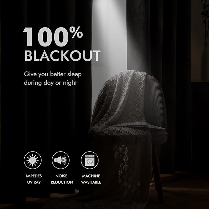 MIULEE 100% Blackout Linen Curtains for Bedroom Thermal Insulated Birch Grommet Room Darkening Curtains & Drapes for Living Room 52 x 108 Inch (2 Panels)