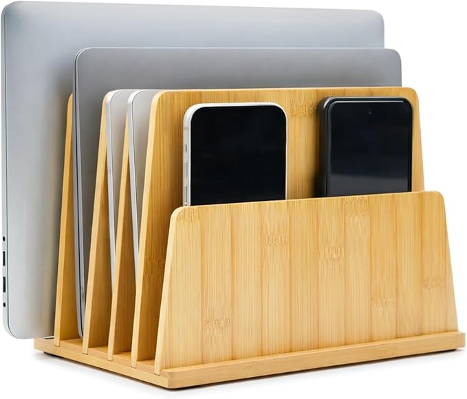 Unittype Bamboo Multi Device Organizer, 5 Slots Vertical Laptop Storage Rack, Computer Charging Station for Smartphones, Tablets and Laptops, Space Saving Organizer for Home Office