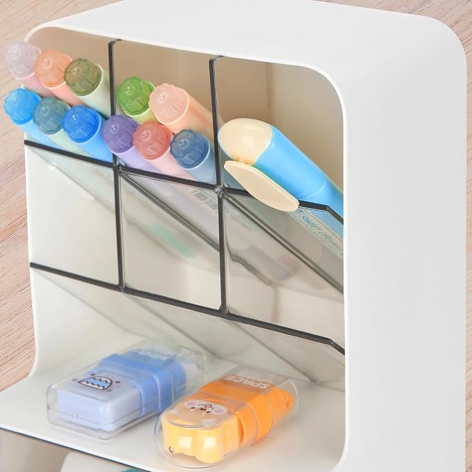 LETURE Desk Organizer with Vertical 6-Compartment & Drawer, Stationery & Makeup Storage, Pen Holder for Office, Home, Art Supplies, Desk Accessories for Desktop Dresser (White)