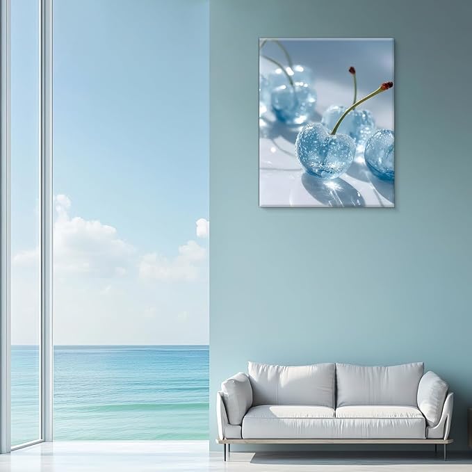 Preppy Blue Cherry Wall Art Decor Trendy Glam Cherry Picture Painting Artwork Modern Aesthetic Wall Decor for Home Apartment Bedroom 8x10 Canvas Framed