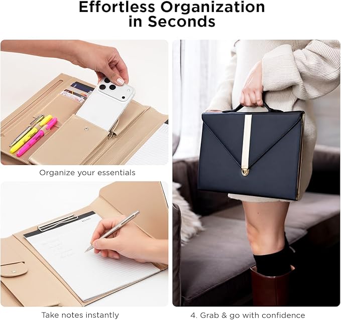 Padfolio for Women, High-Quality Thick PU Leather Waterproof, Portfolio Binder, w/a Varierity of Organizers, Sleek Portfolio, Includes A Notepad and A Pencil Case, Leather Portfolio, Black