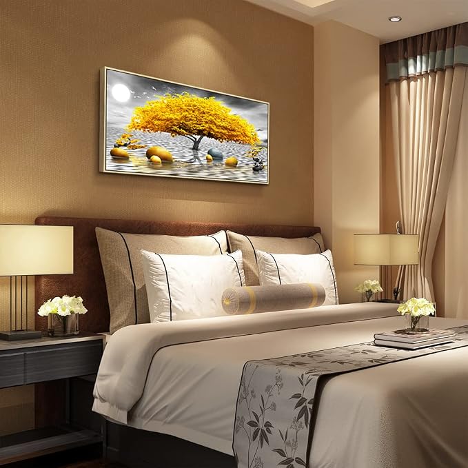 Framed Canvas Wall Art For Living Room Large size Boho Wall Decor For Bedroom Black And White Wall Pictures Yellow Tree wall Painting Office Wall Decor Home Decoration Natural Wood Framed 20" X 40"