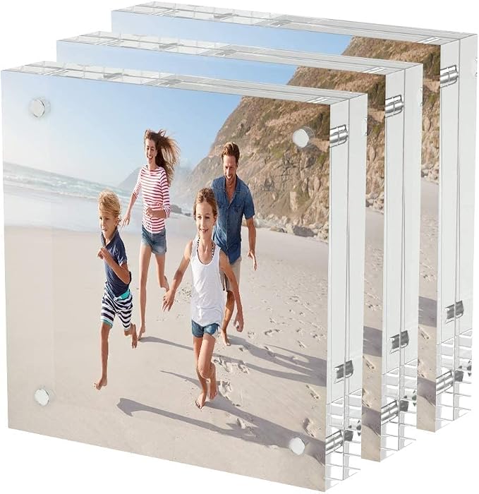 AITEE 4x4 Acrylic Picture Frames 3 Pack, Clear Picture Frames，20% Thicker | Freestanding Double Sided Magnetic Acrylic Lucite Frameless Transparent Square Frame Block Gift for Desktop Display