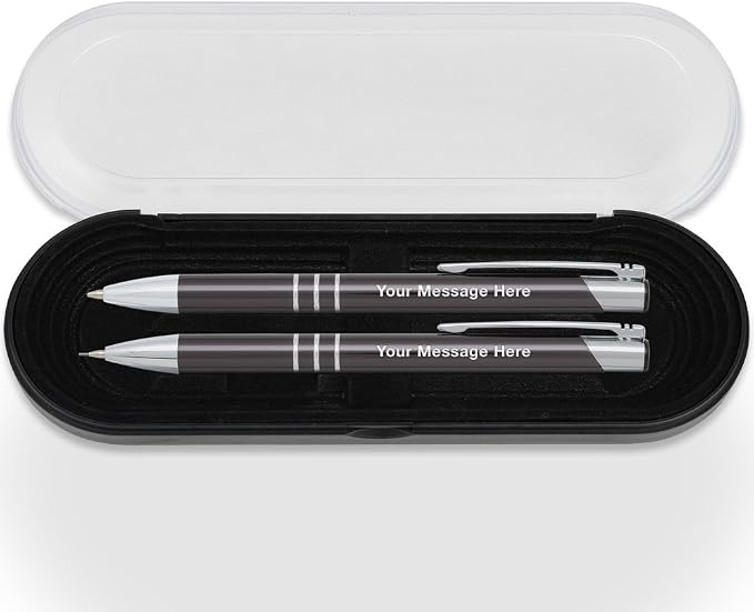 Personalized Engraved Classic Metal Ballpoint Pen & Mechanical Pencil Gift Set. Includes Case - Graphite Grey Color with Silver Accents. Black Ink