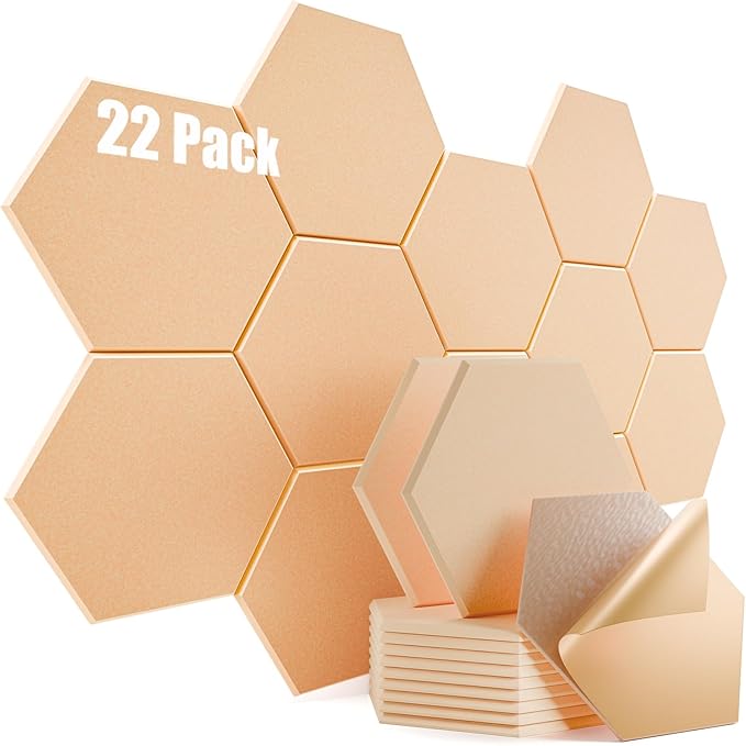 22 Pack Self-Adhesive Acoustic Panels 12" X 10" X 0.4" - Sound Proof Foam Panels with High Density, Hexagonal Design, Flame Resistant, Absorb Noise and Eliminate Echoes(Light Apricot)