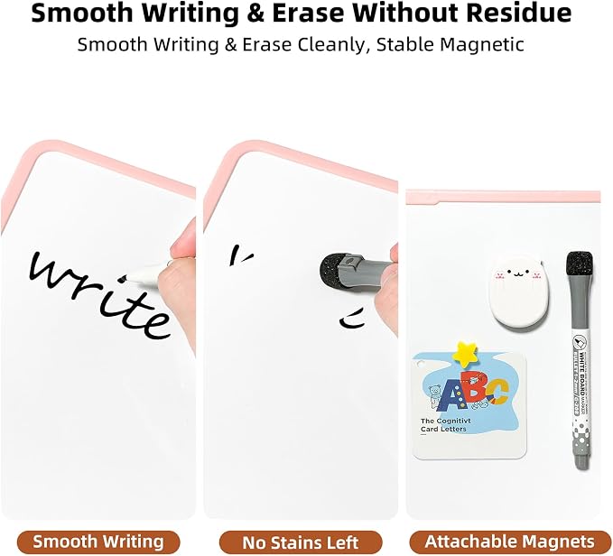 Colorful Dry Erase White Board 11x11in, Magnetic Desktop Board with Stand, 2 Markers (Eraser Head), 4 Magnets - Double-Sided Easel for Daily Planning, Office/Home/School (Pink)