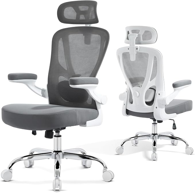 Office Chair Ergonomic Office Chair with Lumbar Support, Head Support, Rocking Function, FILP-up Armrests, Mesh High Back Chair Home Office Desk Chair, Suitable for Home, Office, Grey