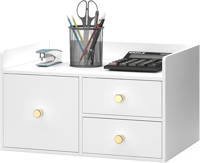 Bamboo Desk Organizer with Drawers,Wooden Desktop Storage (3 Drawer,White) | 100% Bamboo 3 Pull-Out Drawers No Assembly Required Space-Saving Design