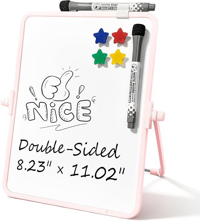 Colorful Dry Erase White Board 8.3x11in, Magnetic Desktop Board with Stand, 2 Markers (Eraser Head), 4 Magnets - Double-Sided Easel for Daily Planning, Memo, Office/Home/School (Pink)