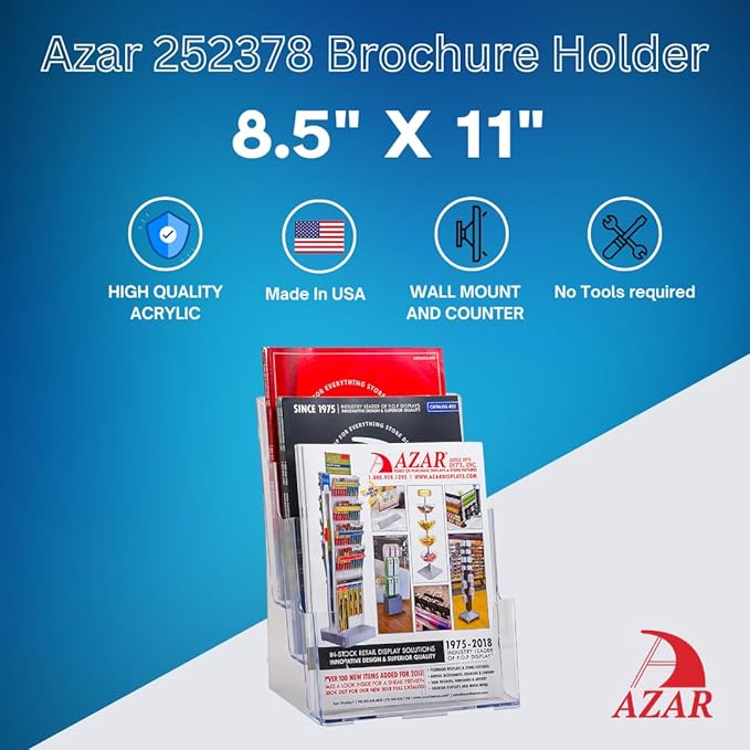 Azar Displays 252378, Brochure Holder, Acrylic Desk Organizer, Three Tier Document, Magazine & Sign Holder, Wall Mount Desk Accessories, Literature Display Stand for 4" Pamphlets, 8.5"x11"