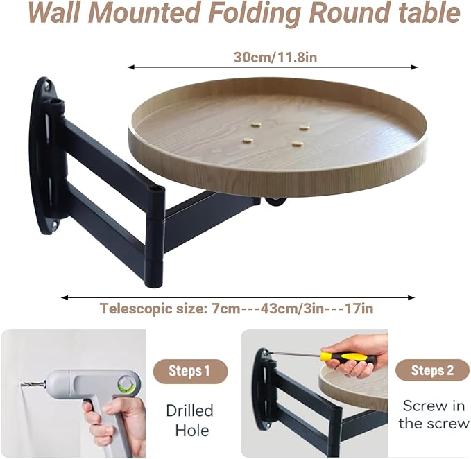 Wall Mounted Folding Table Round Floating Desk for Wall Small Wood Bedside Folding Wall Desk with Retractable Shelf for Bedroom Living Room Study (White Oak, 11.8in(30cm))