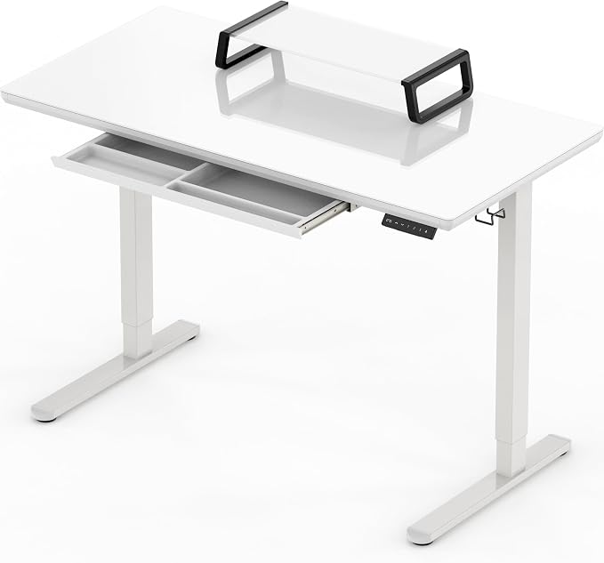 SHW 48-Inch Glass Electric Height Adjustable Standing Desk, White | w/ Monitor Riser | Memory Presets and Cable Management | Drawer with Built-in Compartments | Hanging Hooks