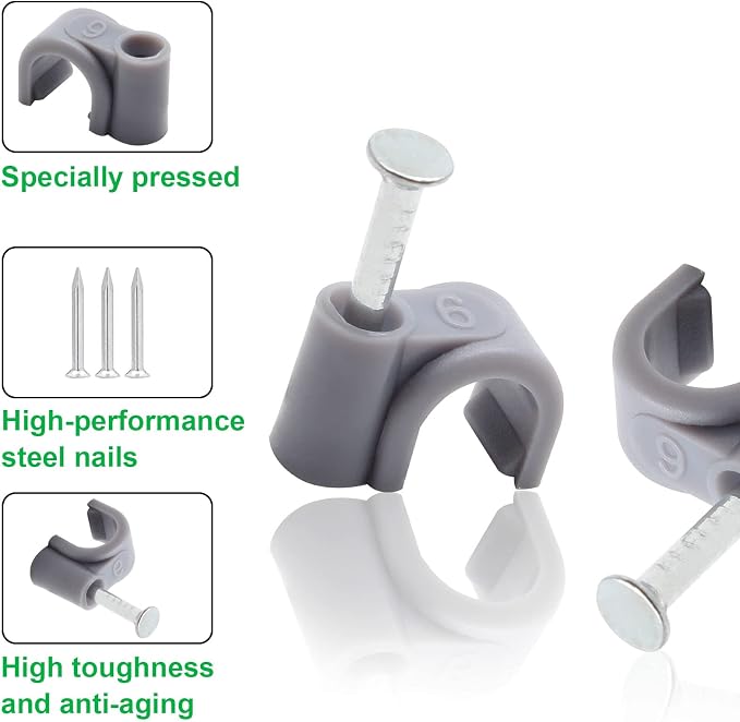 1/4" / 6mm Half Clamp J-Hook Cable Clips with Nail, Gray, 100pcs | Nail in Cable Clips, Ethernet Cable Nails Tacks Clips