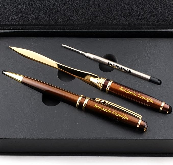 Custom Engraved Executive Pen Gift Set – Personalized Brass Ballpoint Pen with Matching Paper Tool – Elegant Gift Box (Brown)