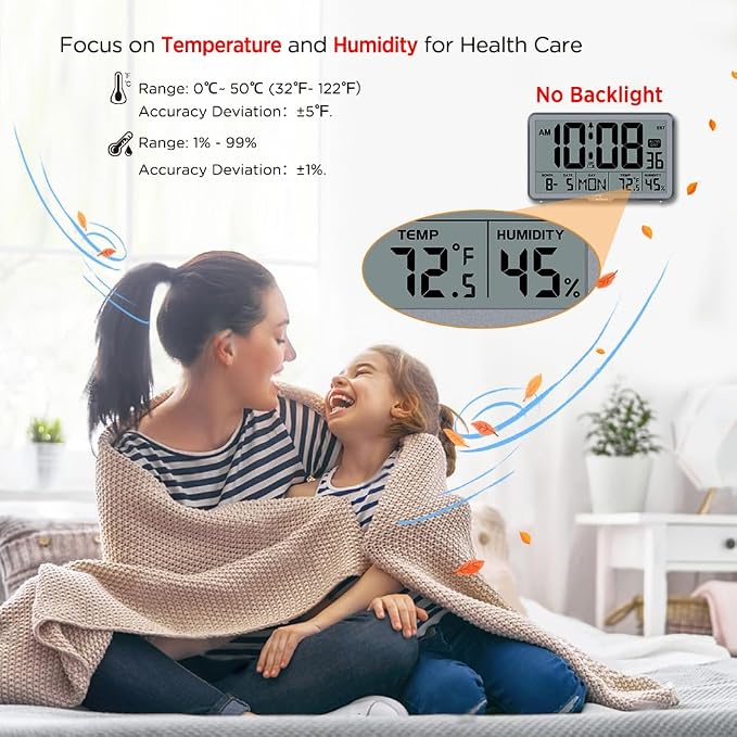 WallarGe Auto Set Digital Wall Clock Battery Operated, Auto DST | Desk Clock with Temperature, Humidity and Date, Large Display Digital Calendar Alarm Clock for Bedroom, Office, Classroom