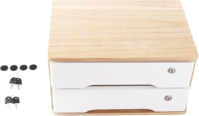 2-Tier Desktop Storage Box with Lockable Drawer, Wooden Desk Organizer for Office Supplies, Flat File Cabinet, Minimalist Design for Home & Office Use(Original Wood+White)