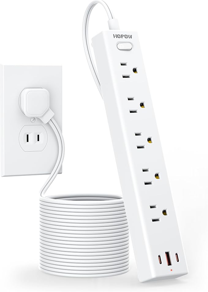 HOPOW 2 Prong Power Strip, 2 to 3 Prong Outlet Adapter with 1700J Surge Protection, 10FT Two Prong Extension Cord, 5 AC Outlets & 3 USB(5V 3.4A Max), Wall Mount for Non-Grounded Outlet, White