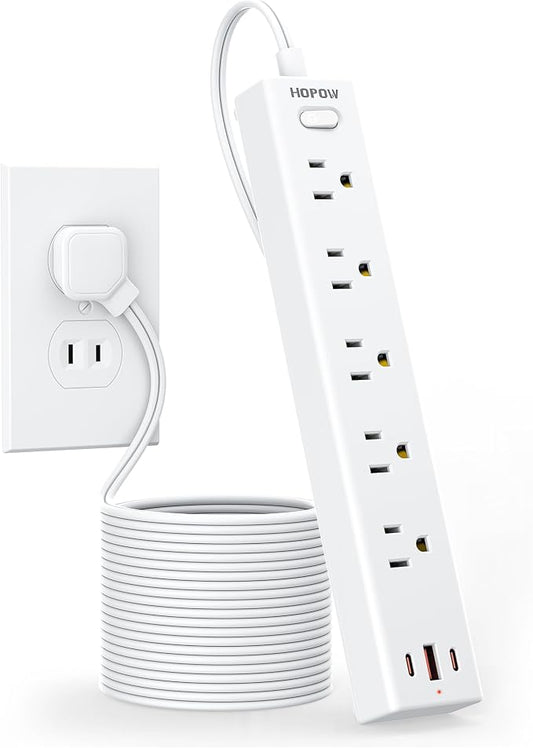 HOPOW 2 Prong Power Strip, 2 to 3 Prong Outlet Adapter with 1700J Surge Protection, 10FT Two Prong Extension Cord, 5 AC Outlets & 3 USB(5V 3.4A Max), Wall Mount for Non-Grounded Outlet, White