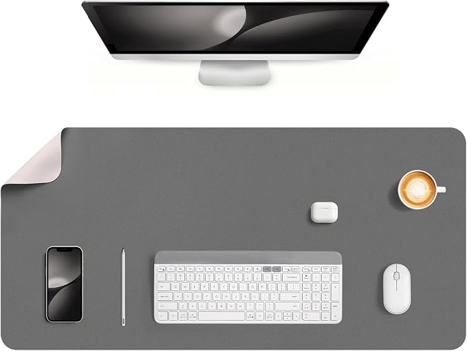 Dual Sided Desk Pad Faux Leather Desk Mat Large Mouse Pad | Desk Pad Protector Non-Slip Waterproof Desk Mouse Pad for Writing Desk, Office, Home(White Gray 35.4"X17")