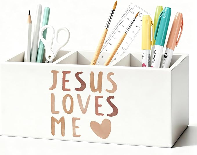 Boho Christian Inspirational Pen Holder, Christian Gifts Pencil Holder for Desk, Jesus Loves Me Bible Verse Wooden Box Sign Decorations for Kids Nursery Room Bedroom Classroom Desk Tabletop