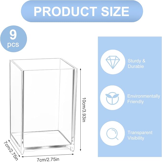 RETON 9 Pack Acrylic Pen Holder, Clear Pencil Organizer for Desk, Makeup Brush Storage, Small Desktop Bookmark Holders for Classroom, Home, Office Stationery (Square)