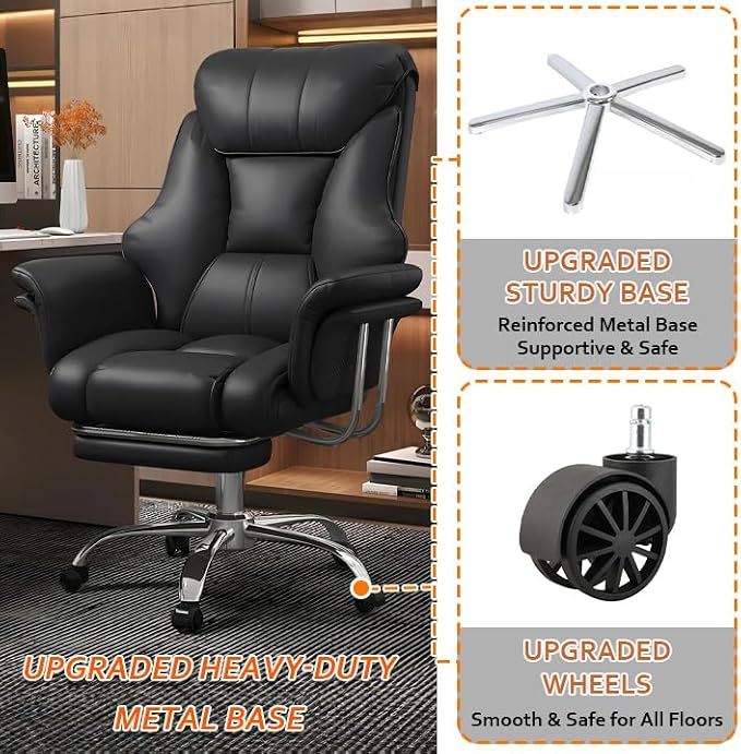 Big and Tall Office Chair Wide Seat Ergonomic Leather Executive Desk Chair with Leg Rest, Heavy-Duty 550 lbs Adjustable Height Computer Gaming Chairs