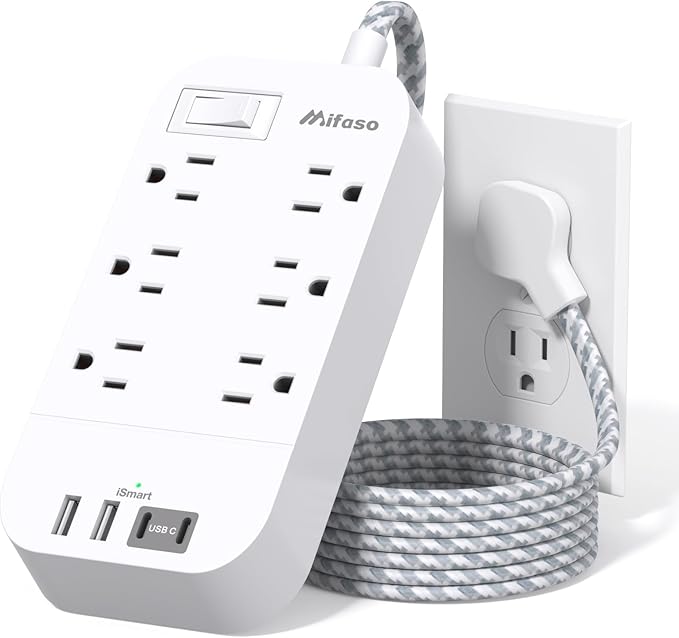 Flat Power Strip - 5 FT Plug Extension Cord, 6 Outlets 4 USB Ports Outlet Extender with Overload Protection, Wall Mount, Desktop Charging Station for Home, Office and Dorm Essential