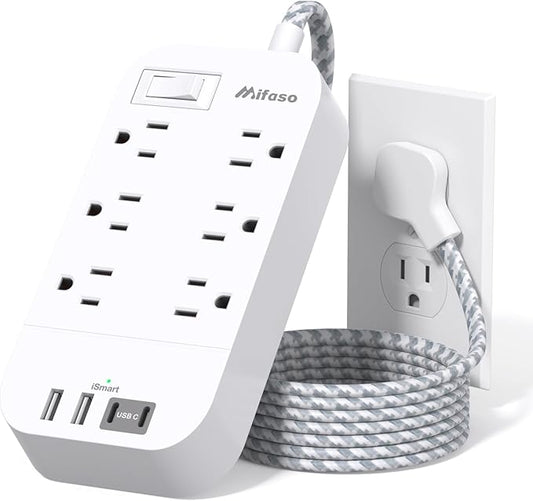 Flat Power Strip - 5 FT Plug Extension Cord, 6 Outlets 4 USB Ports Outlet Extender with Overload Protection, Wall Mount, Desktop Charging Station for Home, Office and Dorm Essential