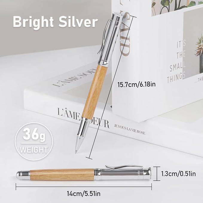 WEMATE Luxury Rollerball Pen Set, Extra 2 Ink Refills(1 Black & 1 Blue), Fancy Writing Pen Nice Office Gift for Men, Professional, Executive, Cool Wooden Pen for Journaling - White Oak