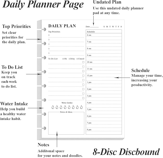 Junior Size To Do List Insert - 8-Disc Discbound Undated Daily Planner Refill for A5 Binder,100 Sheets/200 Pages Planner and Lined Refill, 100 gsm White Paper, 5.8'' x 8.3''