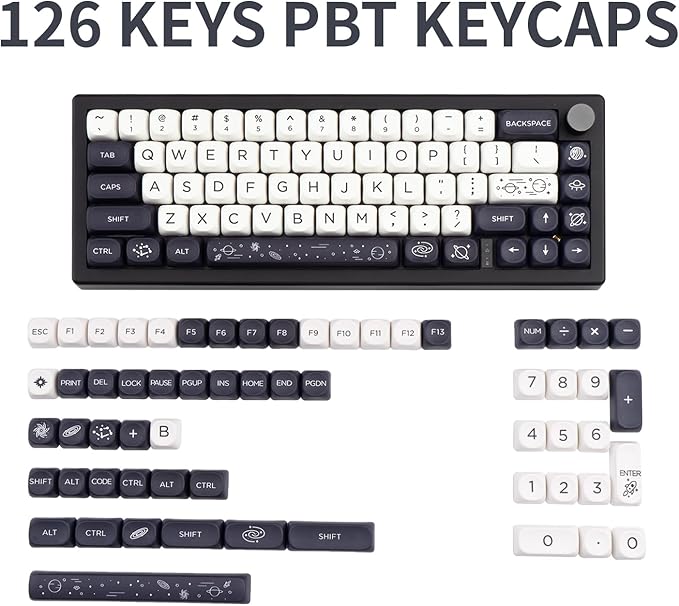 MOA Keycaps 126 Keys PBT Keycaps Dye-Sublimation Custom Keyboard Key Caps Set for Cherry Gateron MX Switches Mechanical Keyboards, Black White Space Theme Key Caps
