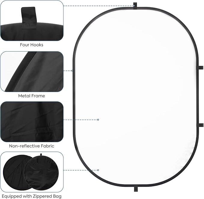 5X6.5ft Backdrop for Photography, Double Sided White Screen and Black Screen, 2 in 1 Collapsible and Reversible Background for Photography, YouTube Videos,and Live Streaming