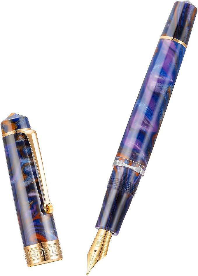 Asvine P20 Purple Resin Fountain Pen Piston Filling, Gold Plated Fine Point Smooth Writer with Pen Gift Case